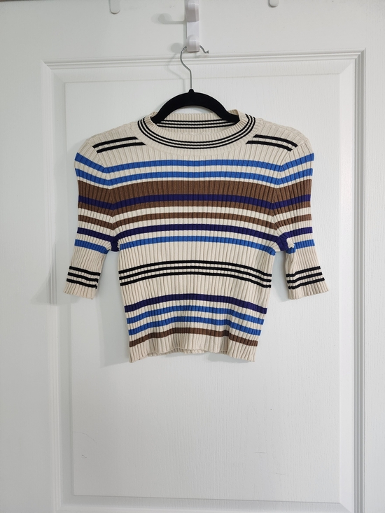 Only Tops - Only Ribbed Crewneck Top in Cream, Blue & Brown Stripes